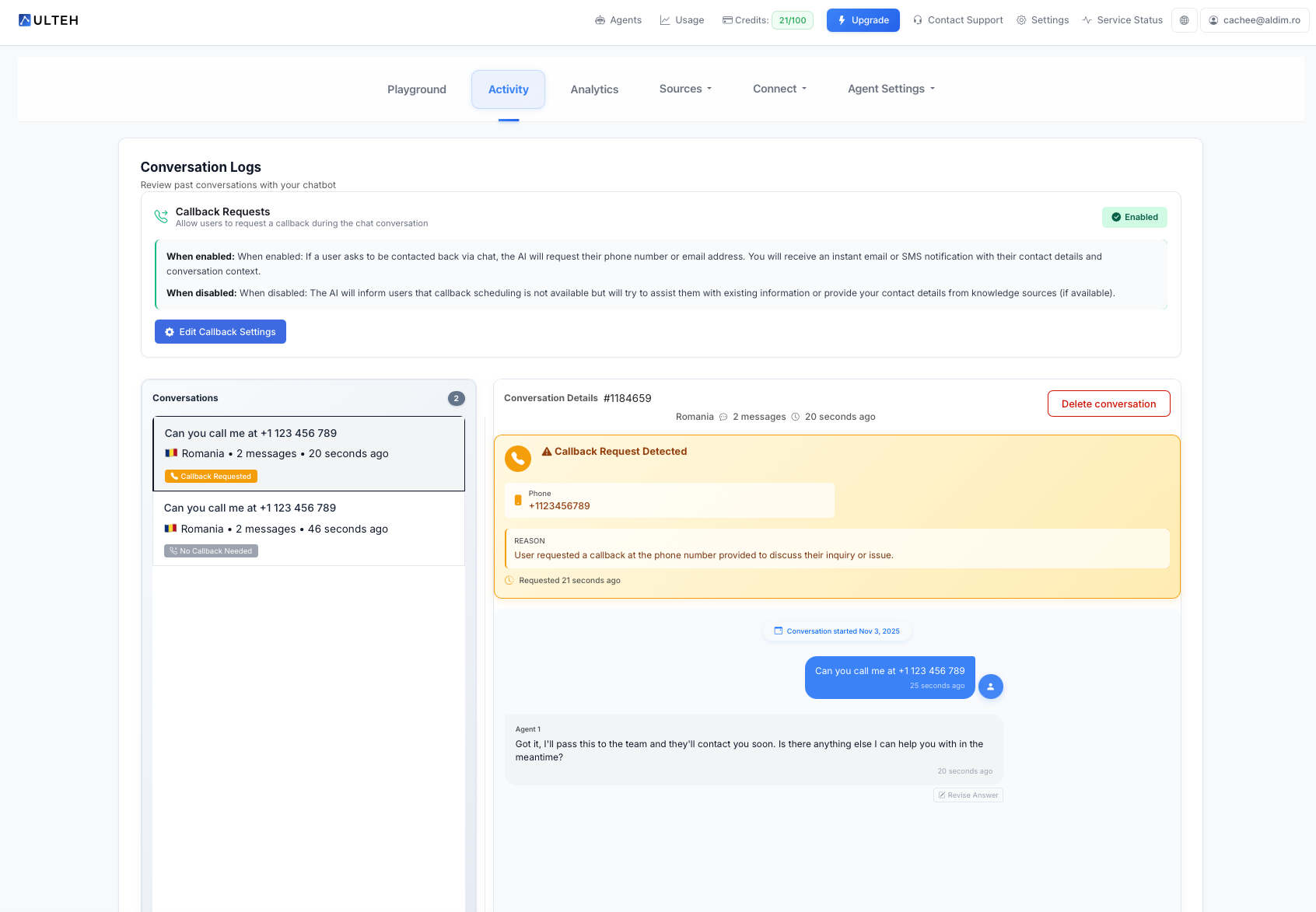 Aperçu de l'onglet Activité